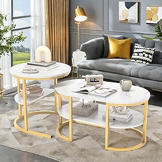 Ausziehbare Couchtische, 2 Stück, Beistelltisch mit Stauraum, aus Metall, moderne Füße mit weißem Marmor-Motiv, für Wohnzimmer, Balkon und Büro (rund, goldfarben)