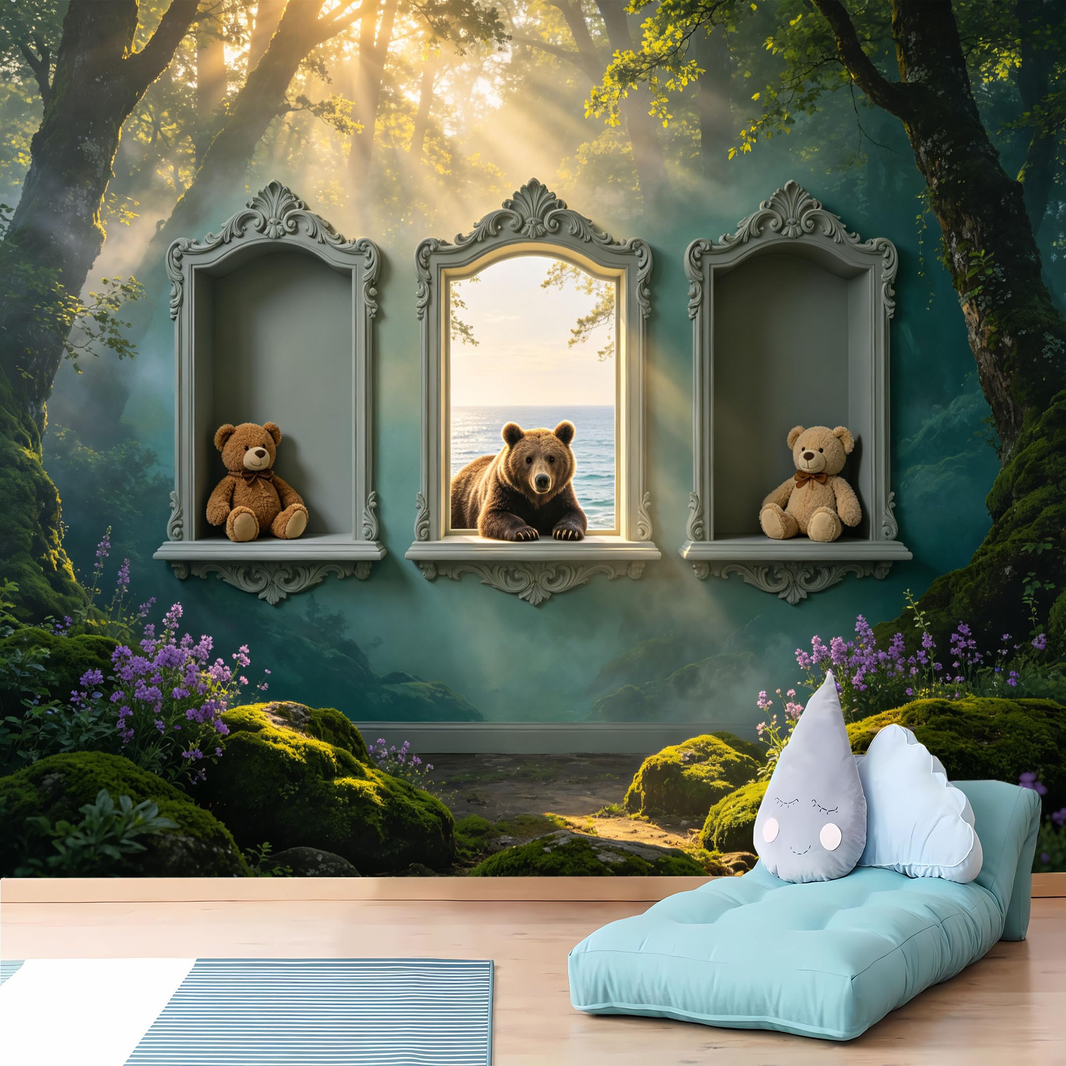 Custom Size Wall Murals Ornate Niche Forest Bears Wall Murals Nature Wallpaper Wall Stickers Self-Adhesive Removable Wallpaper for Living Room Home Decor