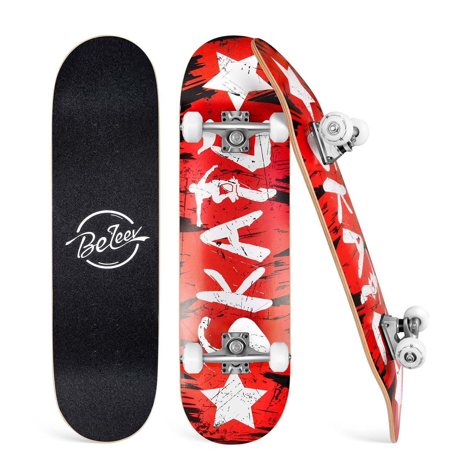 BELEEV Skateboards for Beginners, 31 x 8 inch Complete Skateboard for Kids Teens Adults, 7 Layer Canadian Maple Double Kick Deck Concave Cruiser Trick Skateboard(Galaxy Blue)