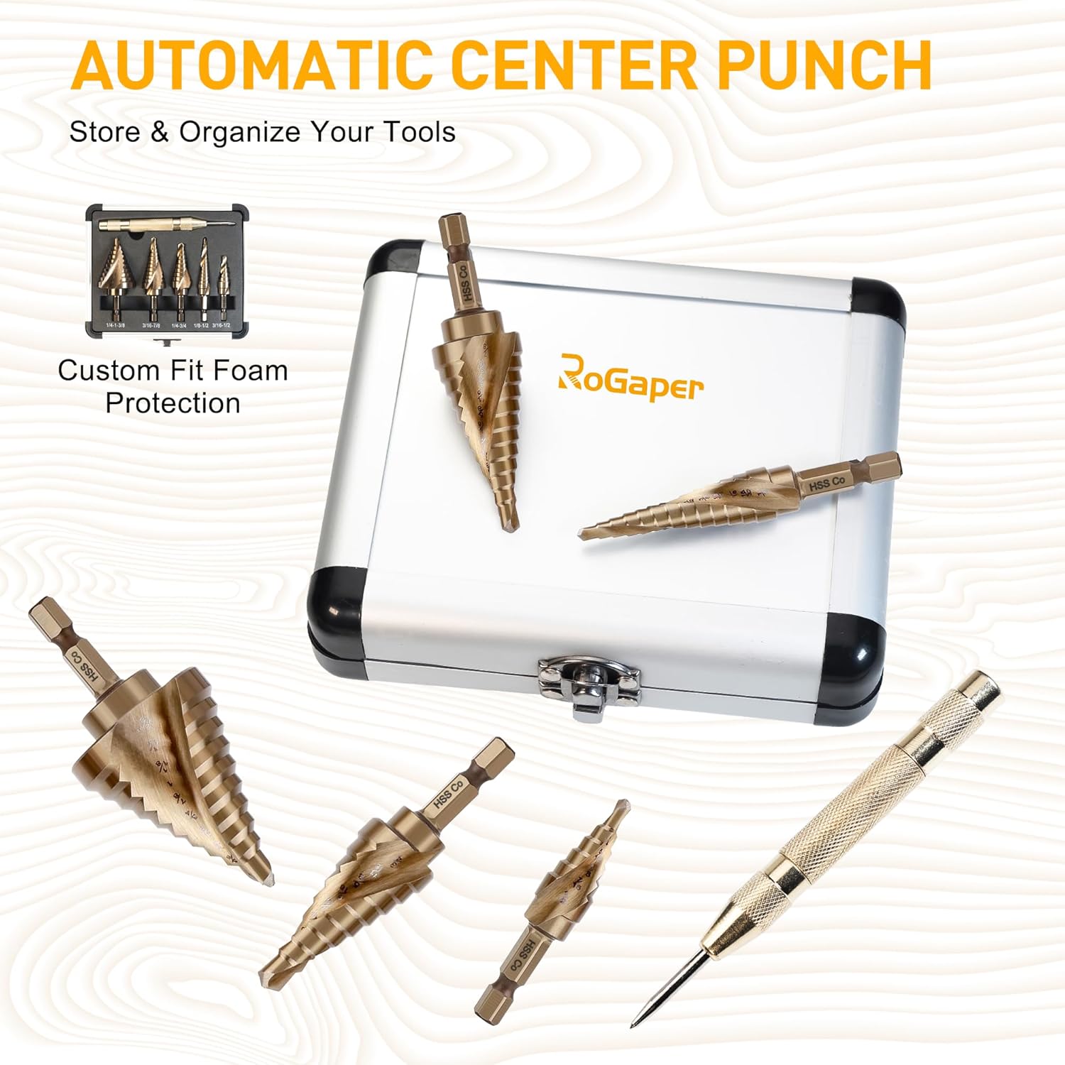 6PC Cobalt Step Drill Bit Set, Hex Shank Step Drill with Two Spiral Flutes and Automatic Center Punch for Metal, Stainless Steel, Aluminum, Wood, and Plastic with Aluminum Case, 50 Sizes