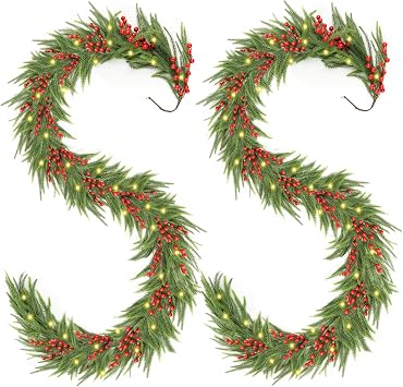 Christmas Norfolk Pine Garland 2PCS 9FT,Real Touch Faux Winter Greenery Garland with Light for Stairs Table Fireplace Backdrop Wall,Christmas Holiday Seasonal Winter Decor