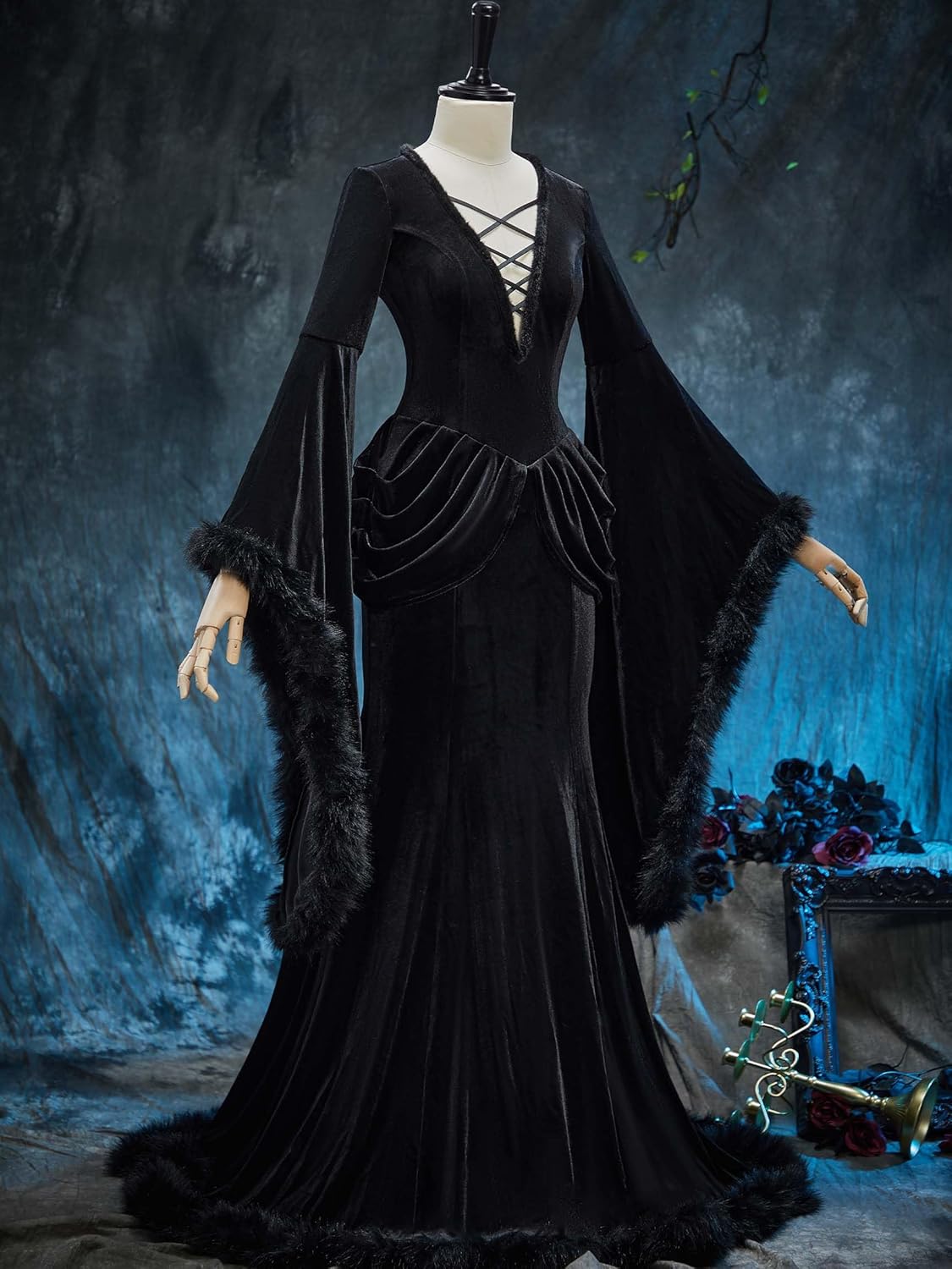 MEOWCOS Women's Gothic Gown Dress Velvet Halloween Costume Gothic Black Winter Vampire Style Fishtail Dress - Image 2
