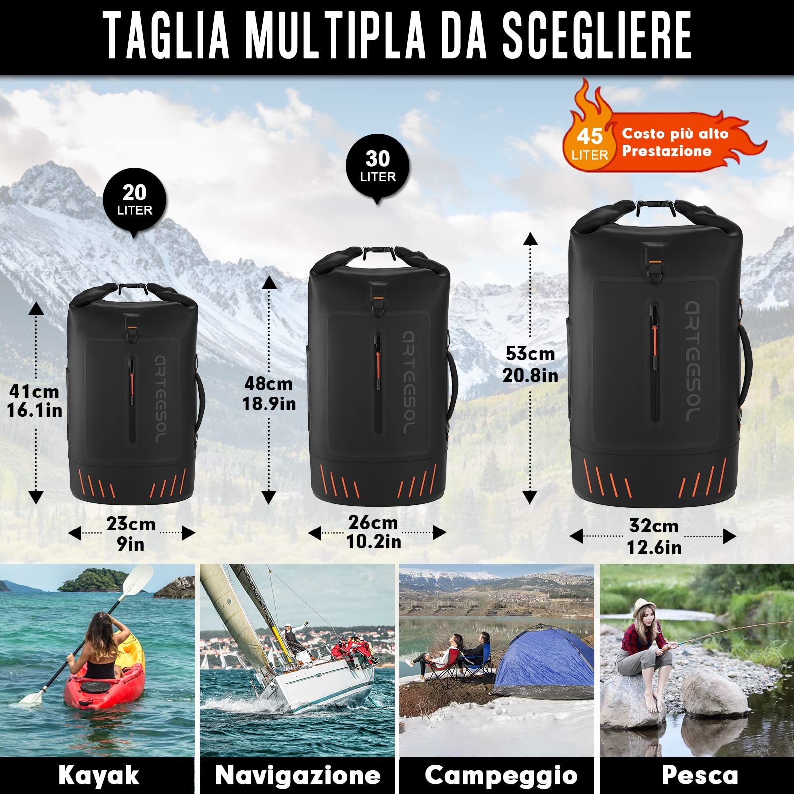 Borsa Impermeabile Mare Aggiornato, 45L 40L 30L 20L Zaino Impermeabile Sacca Stagna Sacca Impermeabile Con Spalline Per Kayak Tour in Barca Canoa/Pesca/Rafting/Nuoto/Canottaggio