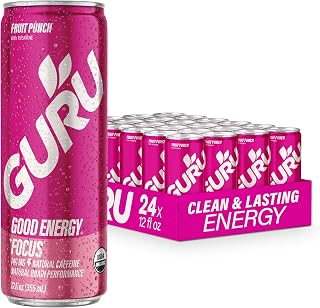 GURU Fruit Punch Organic Energy Drinks, Clean Energy Drink with Plant Based Natural Caffeine from Green Tea + Focus with L Theanine, Gluten Free and Vegan, 140MG Caffeine, 12oz (Pack of 24)
