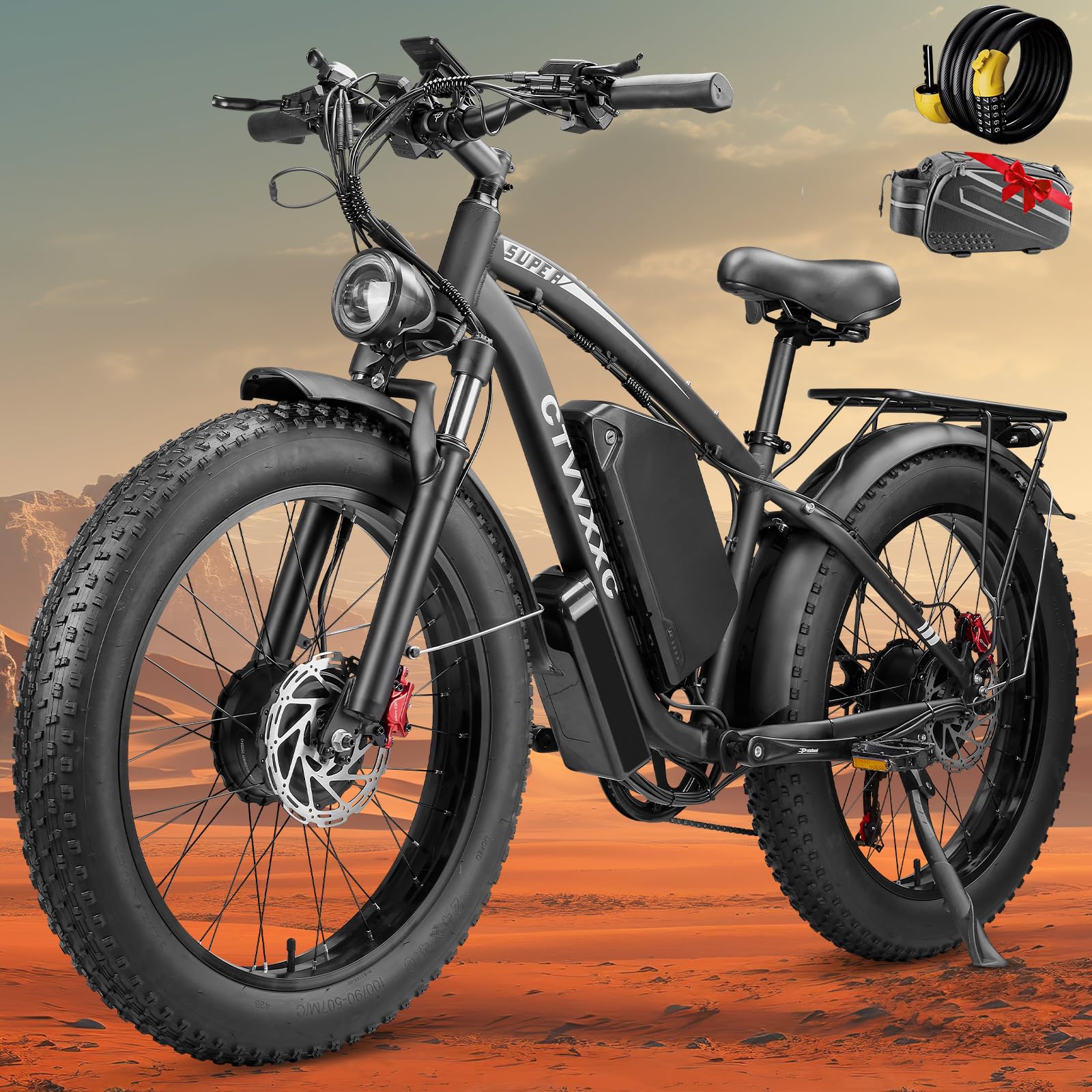 6000W Peak Dual Motor Ebike for Adults - 52V 34Ah Fast Electric Bike for Men Women 45 MPH,Up to 100 Miles,24" Fat Tire Lockable Suspension Electric Bicycle for Snow Off-Road Commuter Mountain E-Bike