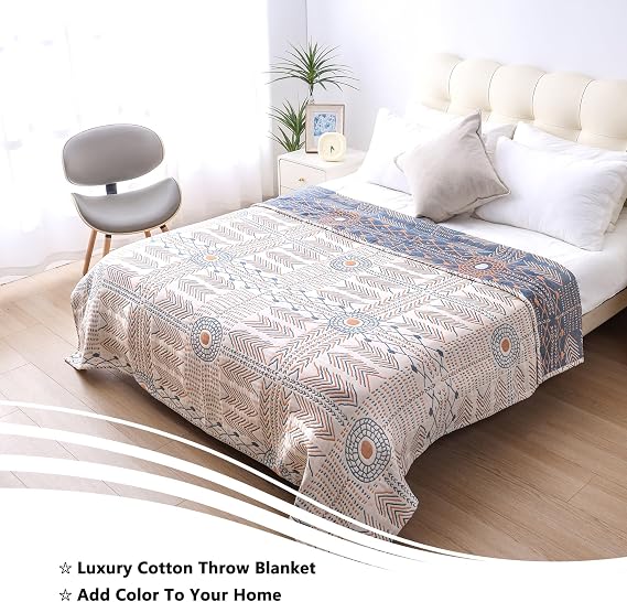 VANJOROY Double-sided Bohemian Sofa Bed Large Throw Blanket, 100% Pure Organic Cotton Soft Boho Throw for 2 3 Seater Settees Armchair Couch and Bed,200×230CM-Beigewhite