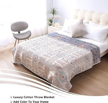 VANJOROY Double-sided Bohemian Sofa Bed Large Throw Blanket, 100% Pure Organic Cotton Soft Boho Throw for 2 3 Seater Settees Armchair Couch and Bed,200×230CM-Beigewhite
