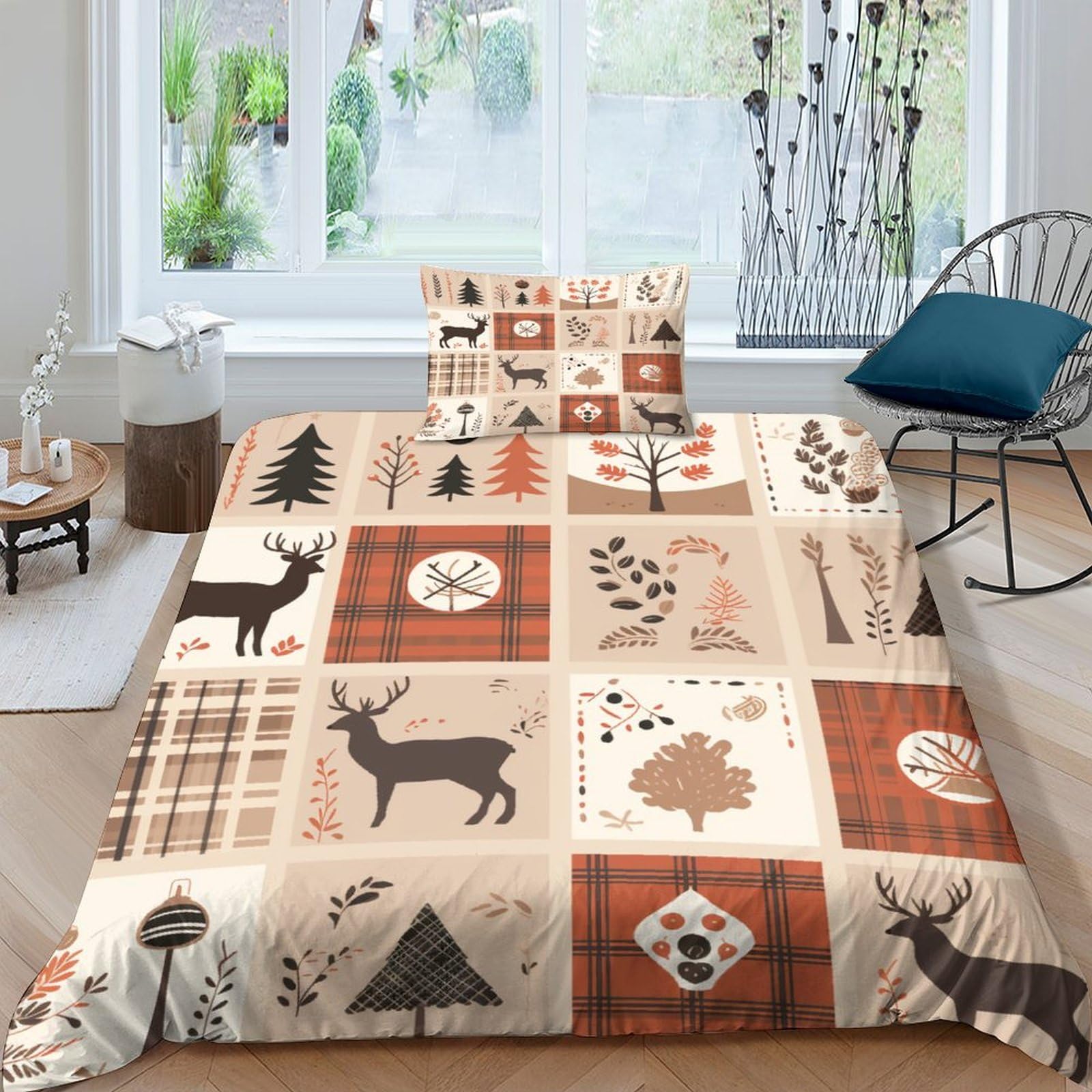 Parure de lit cerf avec housse de couette 3D imprimé patchwork et taie single en microfibre