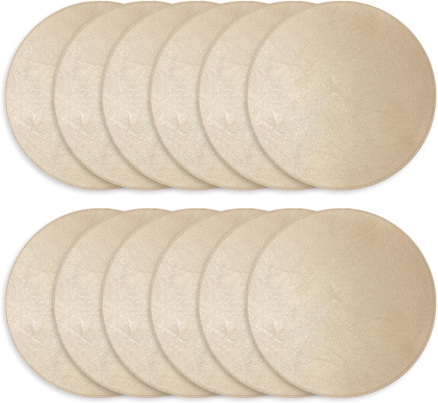Morgan Faux Leather Set of 12 Placemats, 15" Round, Champagne, Heat Resistant, Stain Resistant, Non-Slip, Reversible, Durable Table Mats for Kitchen, Dining Table, Indoor Washable Use