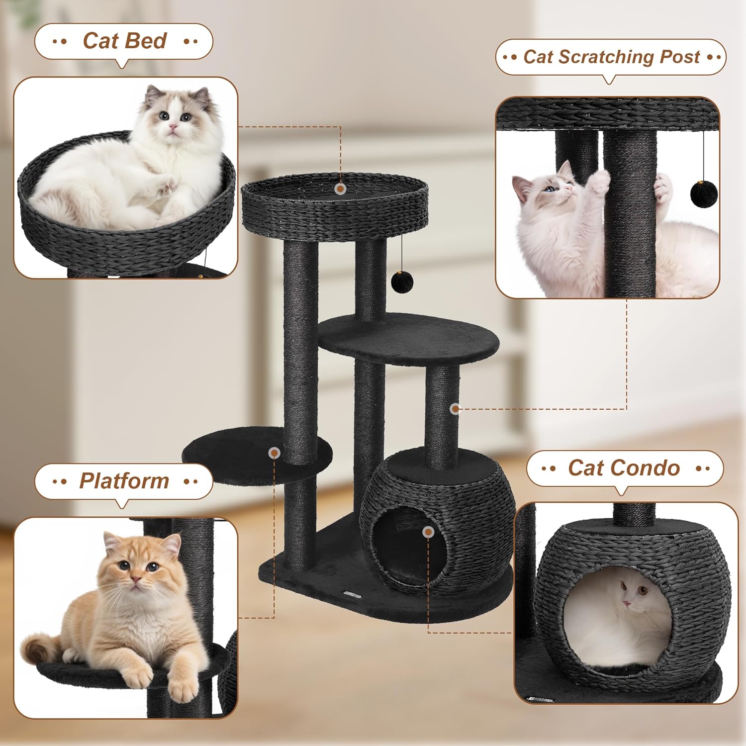 NUNU Modern Cat Tree, Modern Cat Trees Tower, Wooden Cat Tree for Large Cats, 39" Cat Tower for Indoor Cats, Hand-Woven Condo & Top Perch, for Kittens Climb, Play & Rest