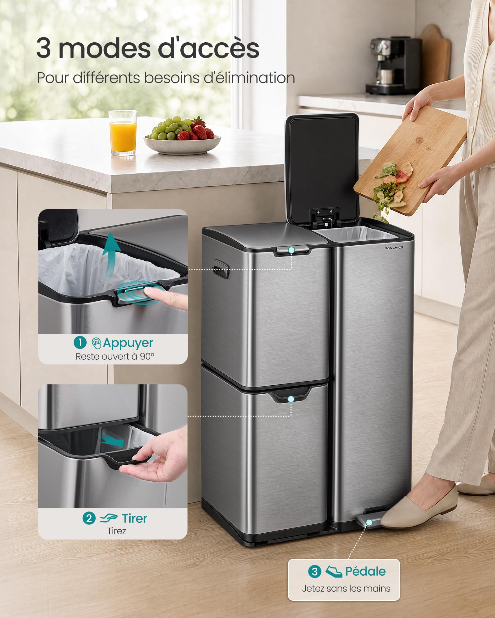 SONGMICS Poubelle Cuisine, Tri Sélectif, 3 Bacs, 60L, Acier
