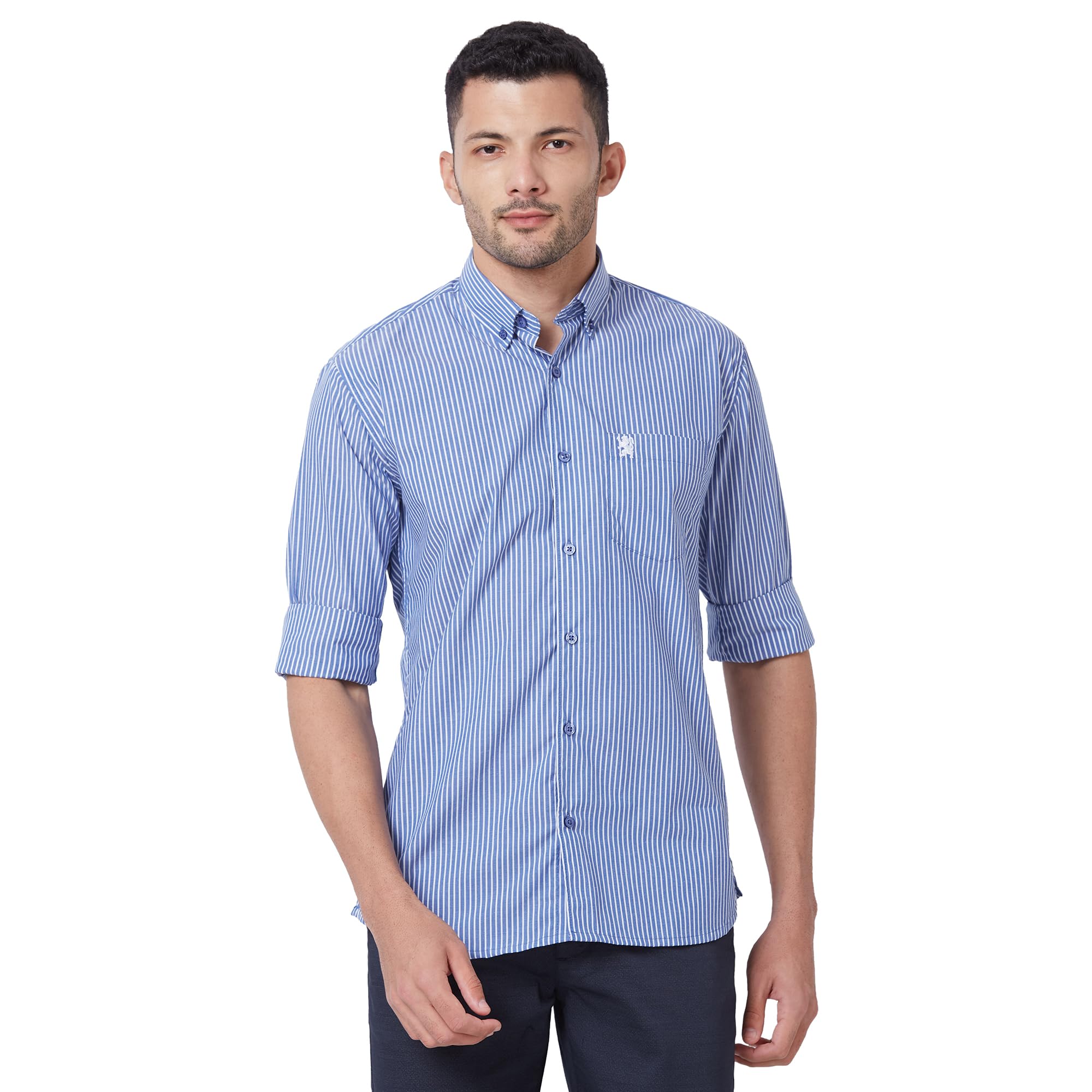 GiordanoMen's Slim Fit Vertical Stripes Button Down Collar Long Sleeves Regular Length Chest Patch Pocket Pure Cotton Casual Shirt