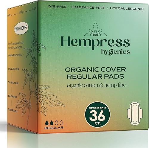 Hempress - Almohadillas ultrafinas para mujer, 36 unidades, almohadillas orgánicas de cuidado femenino, algodón ultra absorbente de flujo regular
