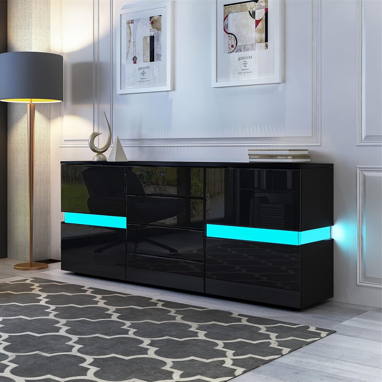 Sideboards for Living Room 2 Doors 4 Drawers Black High Gloss TV