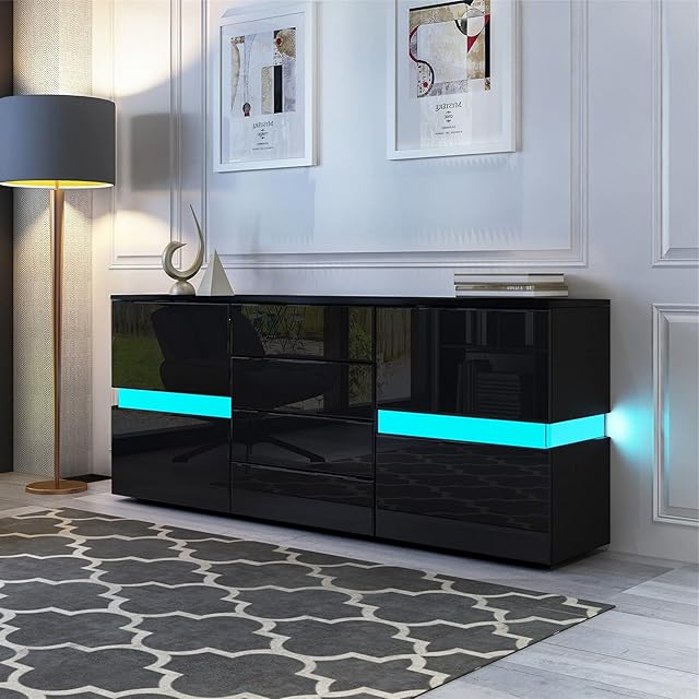 Sideboards for Living Room 2 Doors 4 Drawers Black High Gloss TV Cabinet Cupboard Unit for Bedroom Dining Room Storage Furniture 177 x 72 x 35cm