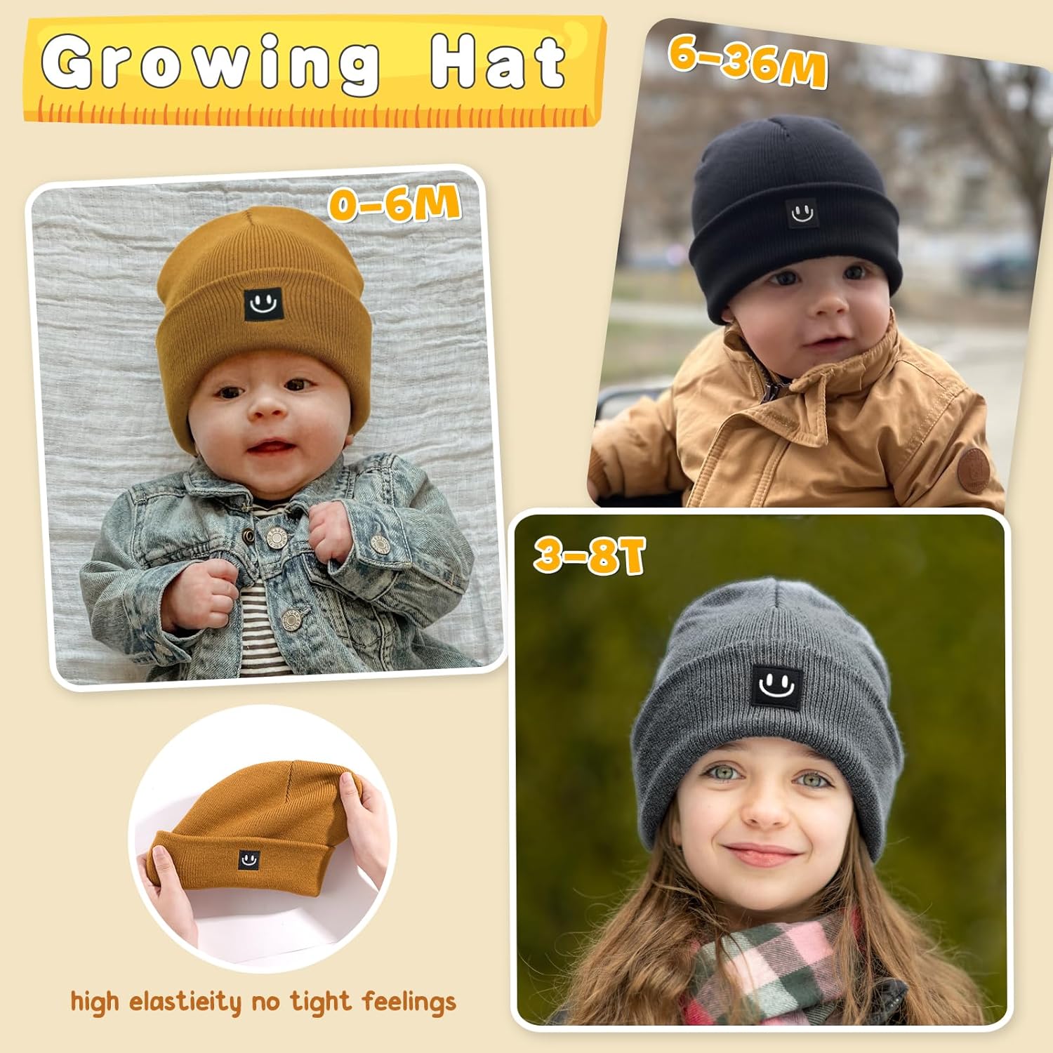 3 Packs Baby Beanie Cute Toddler Beanies Kids Winter Hat Boys Girls Warm Knit Hats Infant Beanie for 0-8 Years 0-6 Months Camel+gray+black image 7 of 7 B0F7XBMQWT