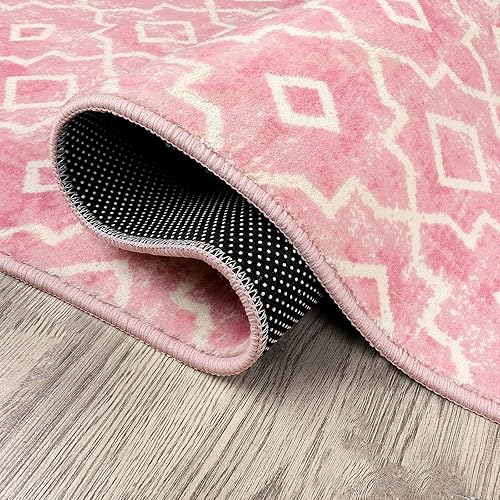 Miniatura 9 de Wonnitar Alfombra marroquí lavable  Pequeña alfombra rosa de 2 x 3 pulgadas, suave, antideslizante, para dormitorio de niñas, moderna geométrica