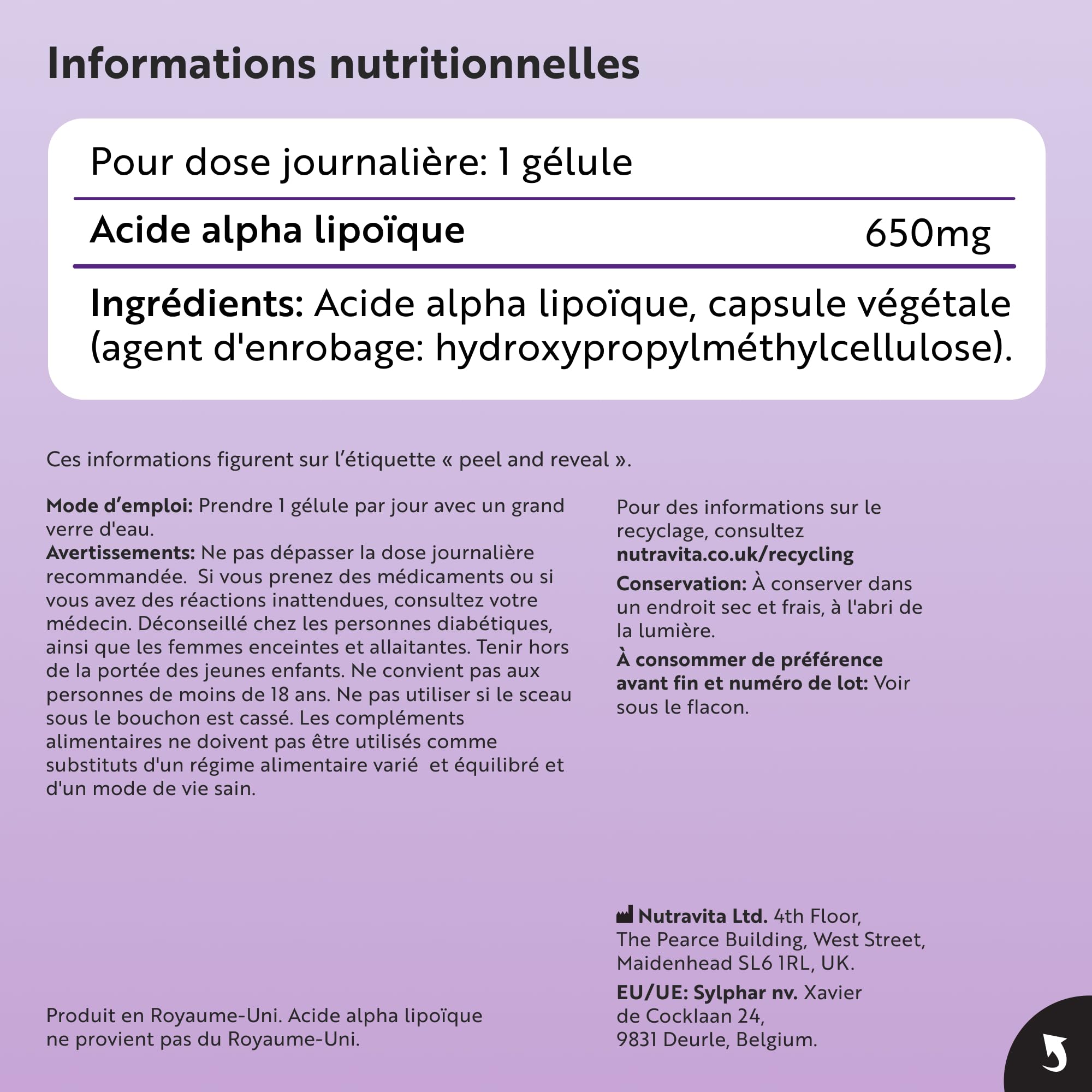 Acide Alpha-Lipoïque 650 mg − 120 Gélules Entièrement Végétales très Puissantes − 100% Naturelles, sans Agent de Remplissage Synthétiques − Provision de 4 Mois − Fabriqué au Royaume-Uni par Nutravita