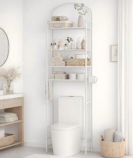 Cerlyunzan 4-Tier Over Toilet Storage Rack with 4 Hooks & Paper Holder - Space-Saving Metal Bathroom Organizer, White