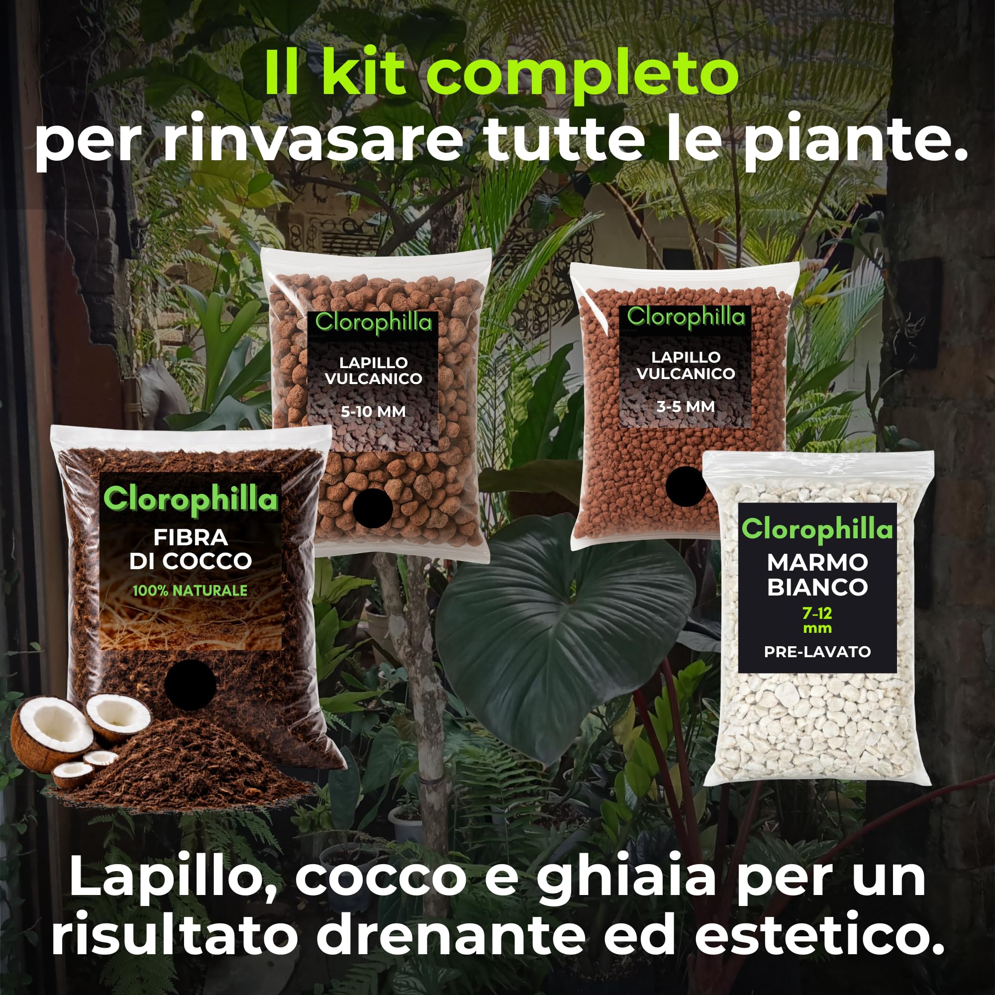 CLOROPHILLA Kit Drenaggio per Piante – Lapillo Vulcanico 3-5 mm + Lapillo 5-10 mm, Fibra di Cocco Naturale 2L, Marmo Bianco 7-12 mm – Substrato Completo per Vasi, Orto e Piante da Interno (KIT 10L X4)