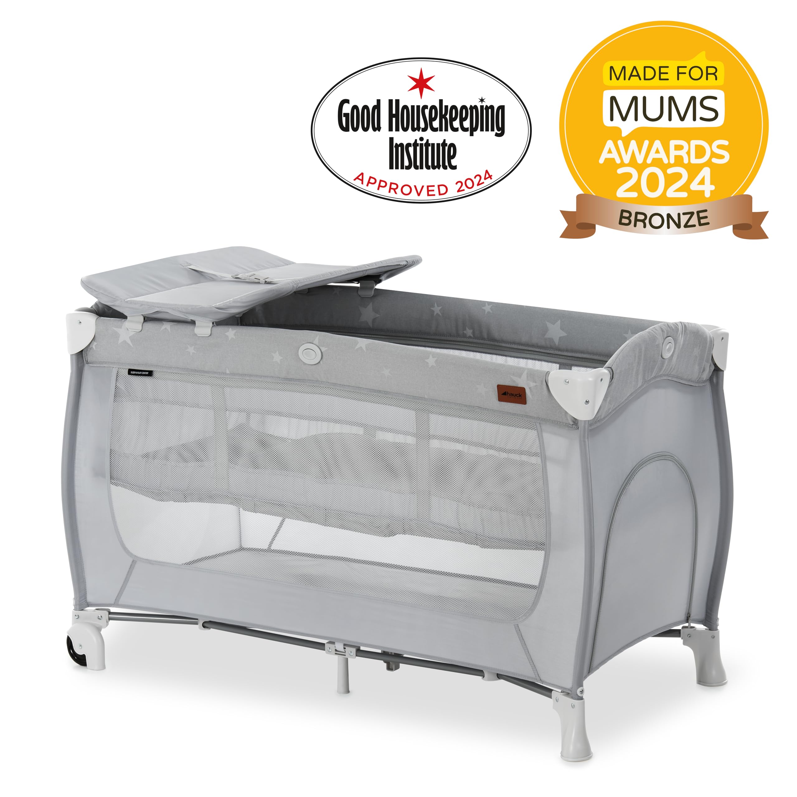 Hauck Sleep N Play Center Stars – Reisebett-Set mit Wickelunterlage, Neugeborenenhöhe, Luke, Rollen & Reisetasche, schnell & kompakt faltbar, ab Geburt bis 15 kg, 120 cm x 60 cm
