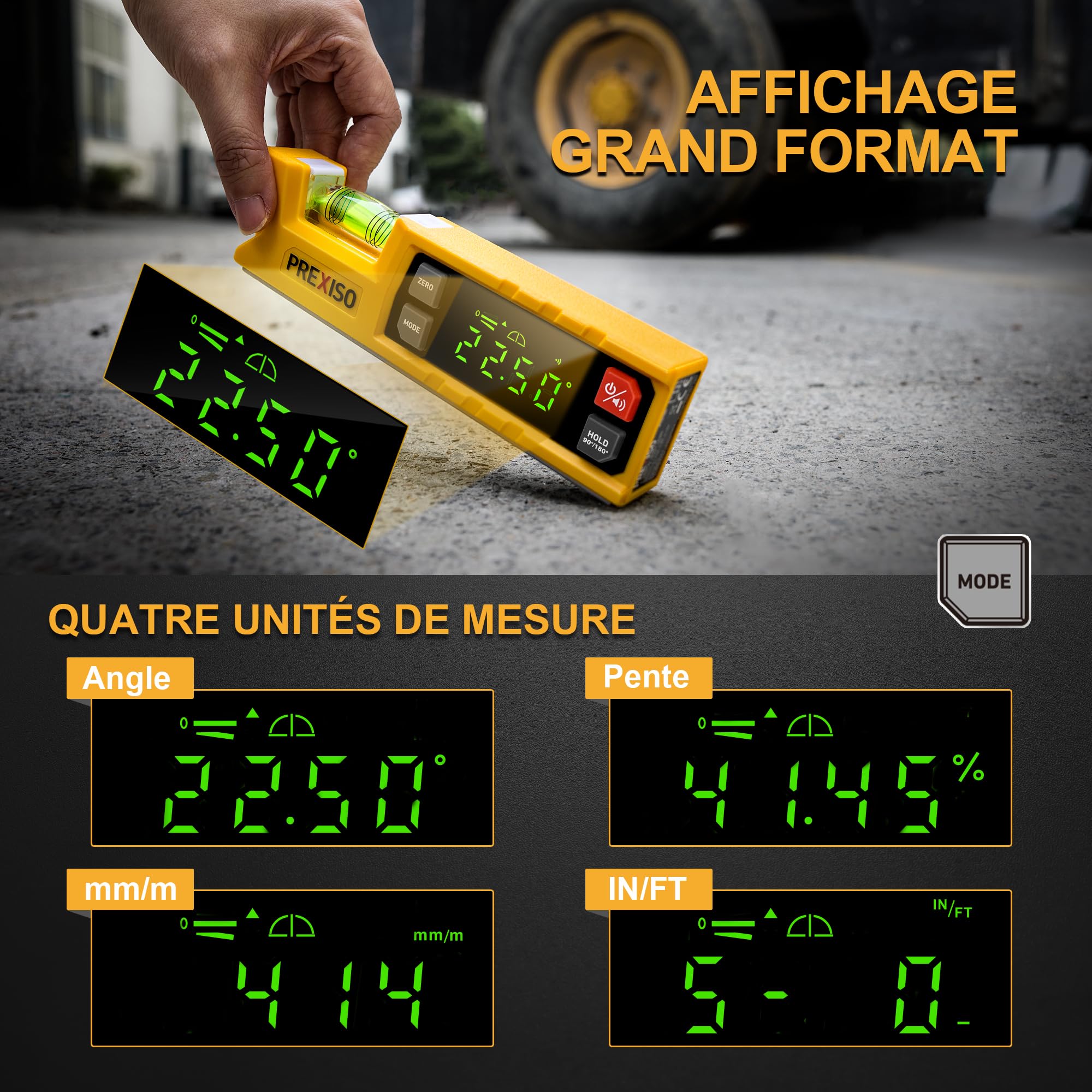 PREXISO Niveau à Bulle Numérique Rapporteur Digital 175 mm, Inclinomètre Électronique avec Base Magnétique et Indicateur Audio pour Menuiserie, Construction et Domestique