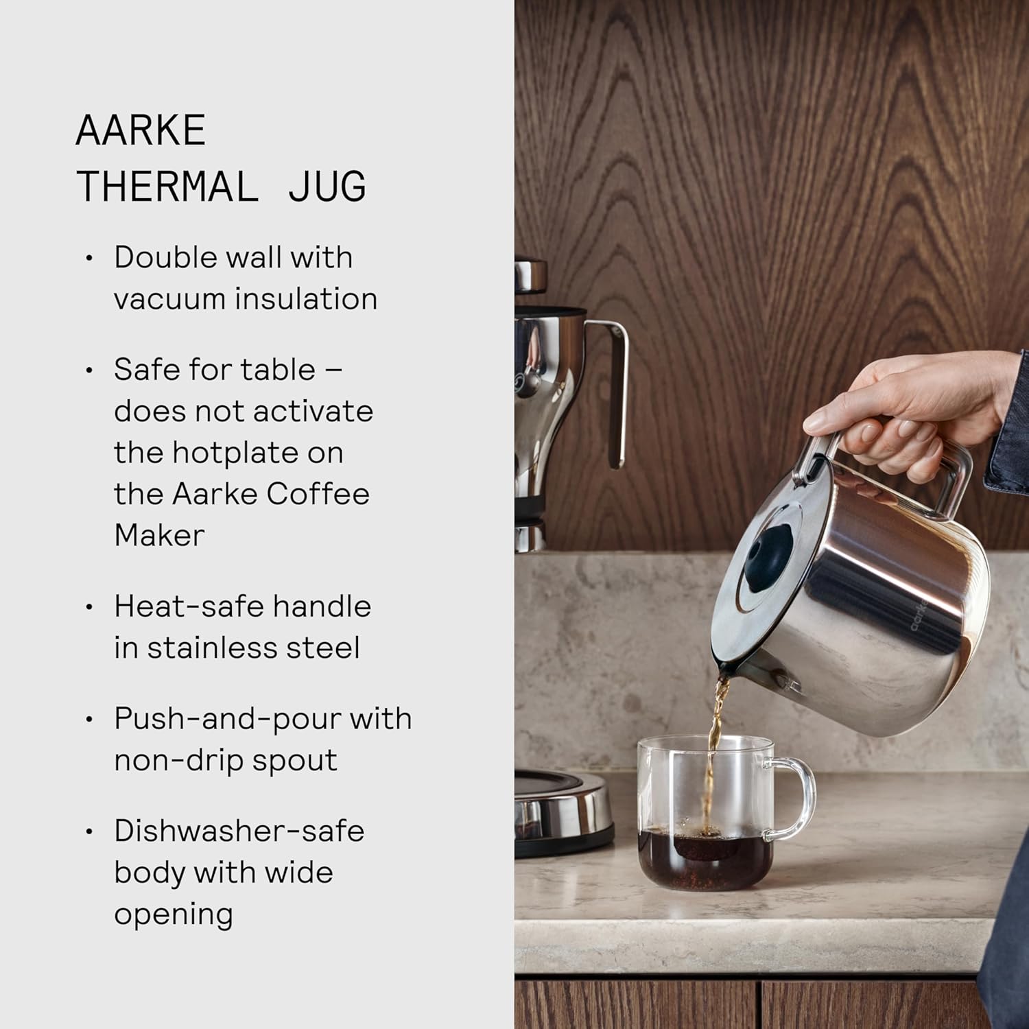 aarke Thermal Jug - Premium Double-Wall Vacuum Insulated Stainless Steel Coffee Carafe with Push-and-Pour Lid, 10 Cup Capacity, Seamless Integration Coffee Maker