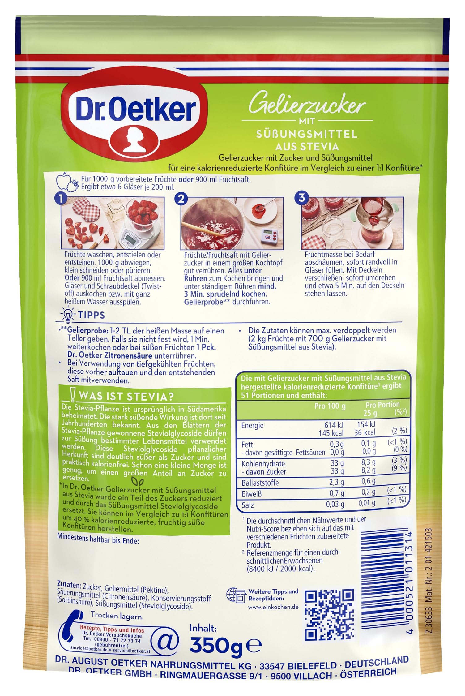 Dr. Oetker Gelierzucker mit Süßungsmittel aus Stevia, 10 x 350 g, Gelierzucker, zum Selbermachen von Konfitüren, Marmeladen & Gelees, fruchtig süß, weniger Kalorien, vegan