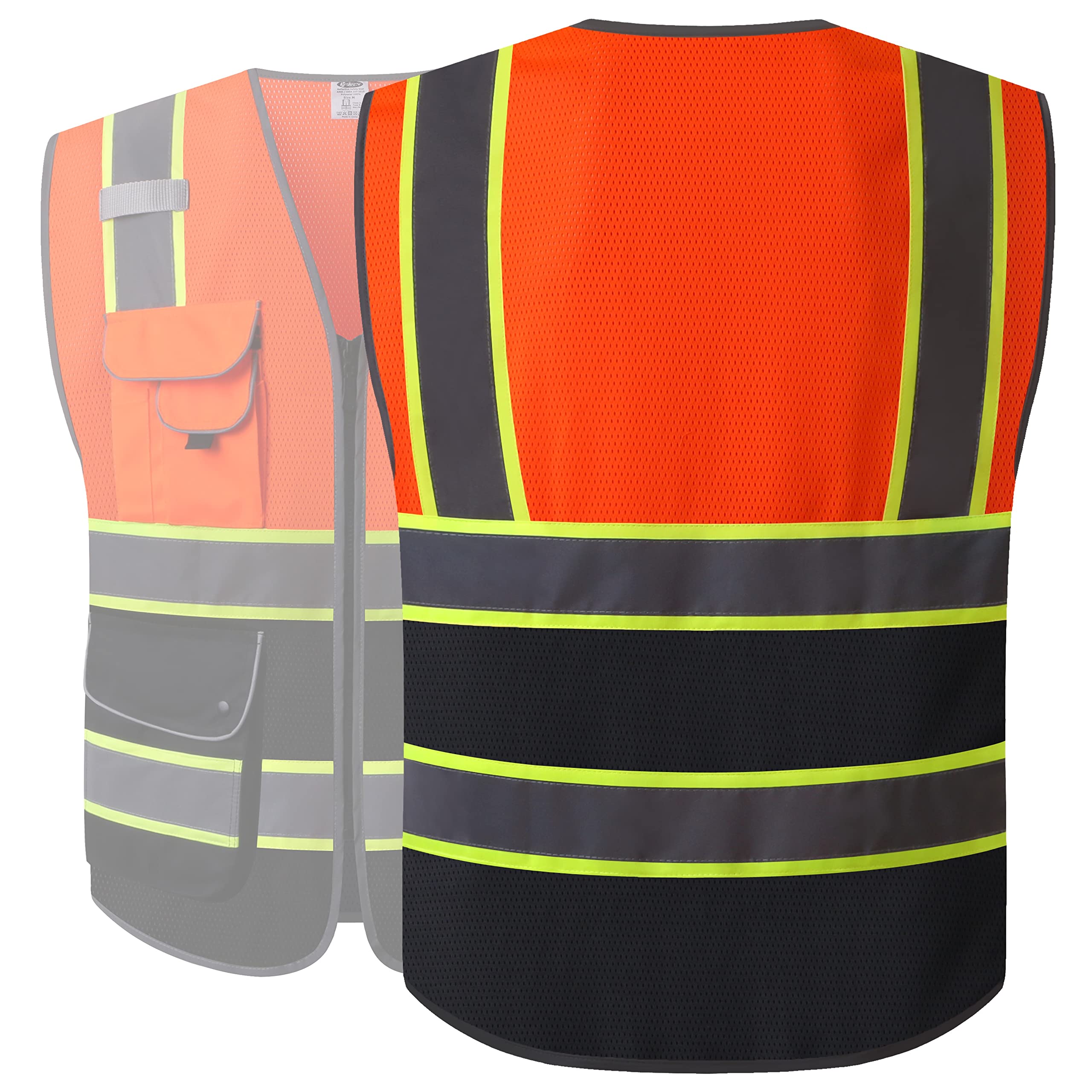 JKSafety Gilet de sécurité avec fermeture éclair avant avec 9 poches, classe 2, avec bandes réfléchissantes, conforme aux normes ANSI/ISEA.