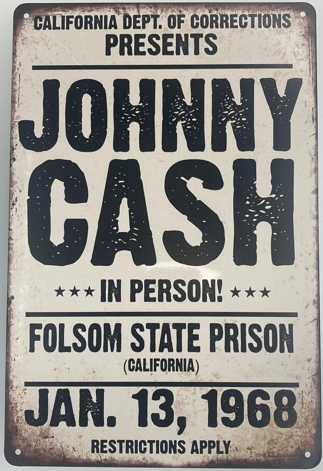 Tin Sign Bar Plaque | Metal Wall Decor Poster | Johnny Cash Folsom State Prison Concert Banner 8 x 12 in. | Classic Decorative Sign for Home Kitchen Bar Room Garage | Rock Music, Grey