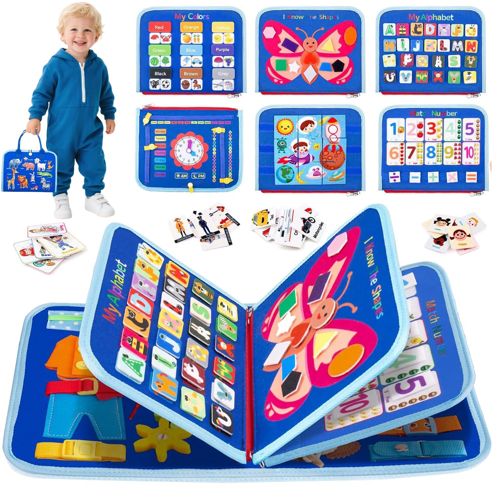 Busy Board Quiet Book Montessori per bambini, ragazzi e ragazze, giocattolo interattivo, in feltro morbido, educazione precoce, giocattolo da viaggio, regalo (blu, stile 2)