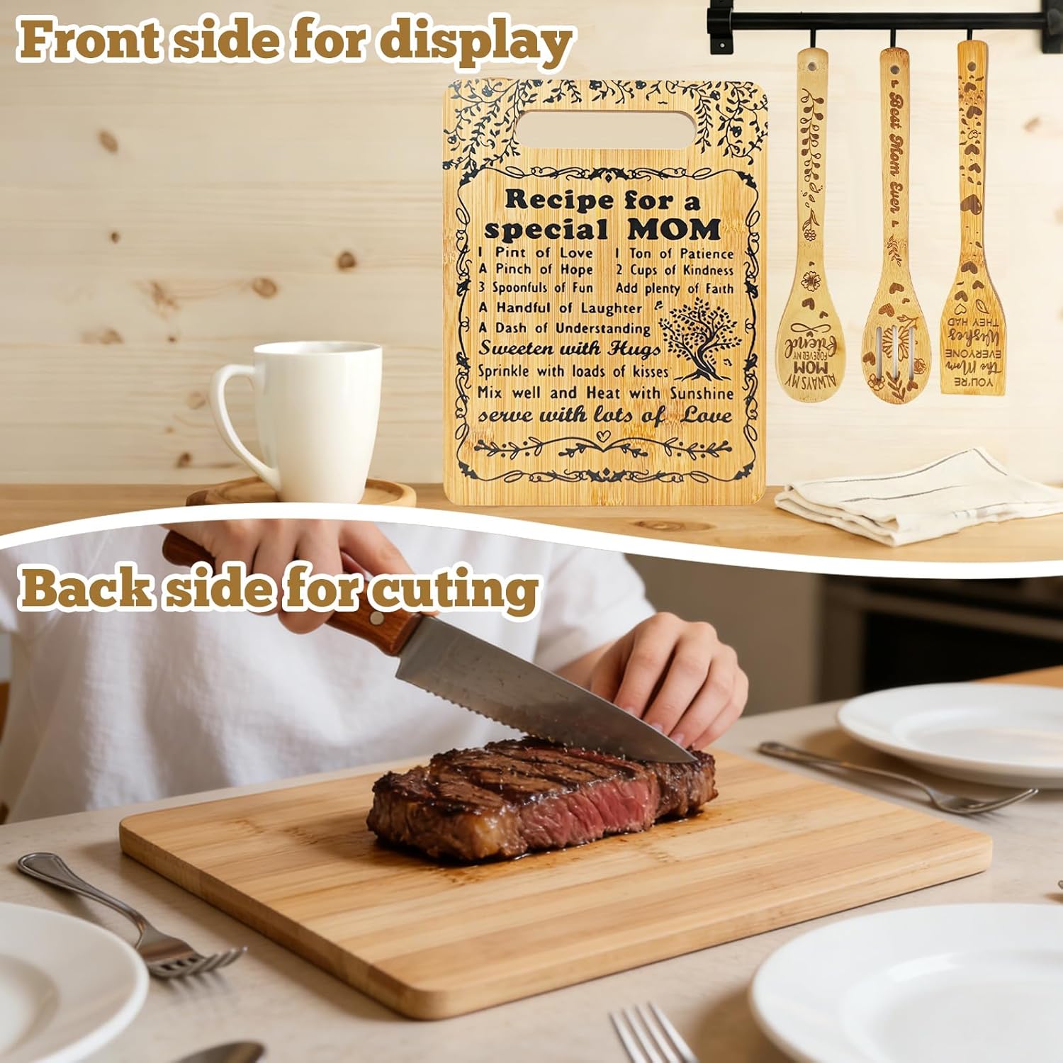 Mom Birthday Gifts - "Recipe for a Special Mom" Cutting Board Set, Mothers Day Gifts Bamboo-Made Engraved Utensil Set Sister Gifts from Daughter and Son