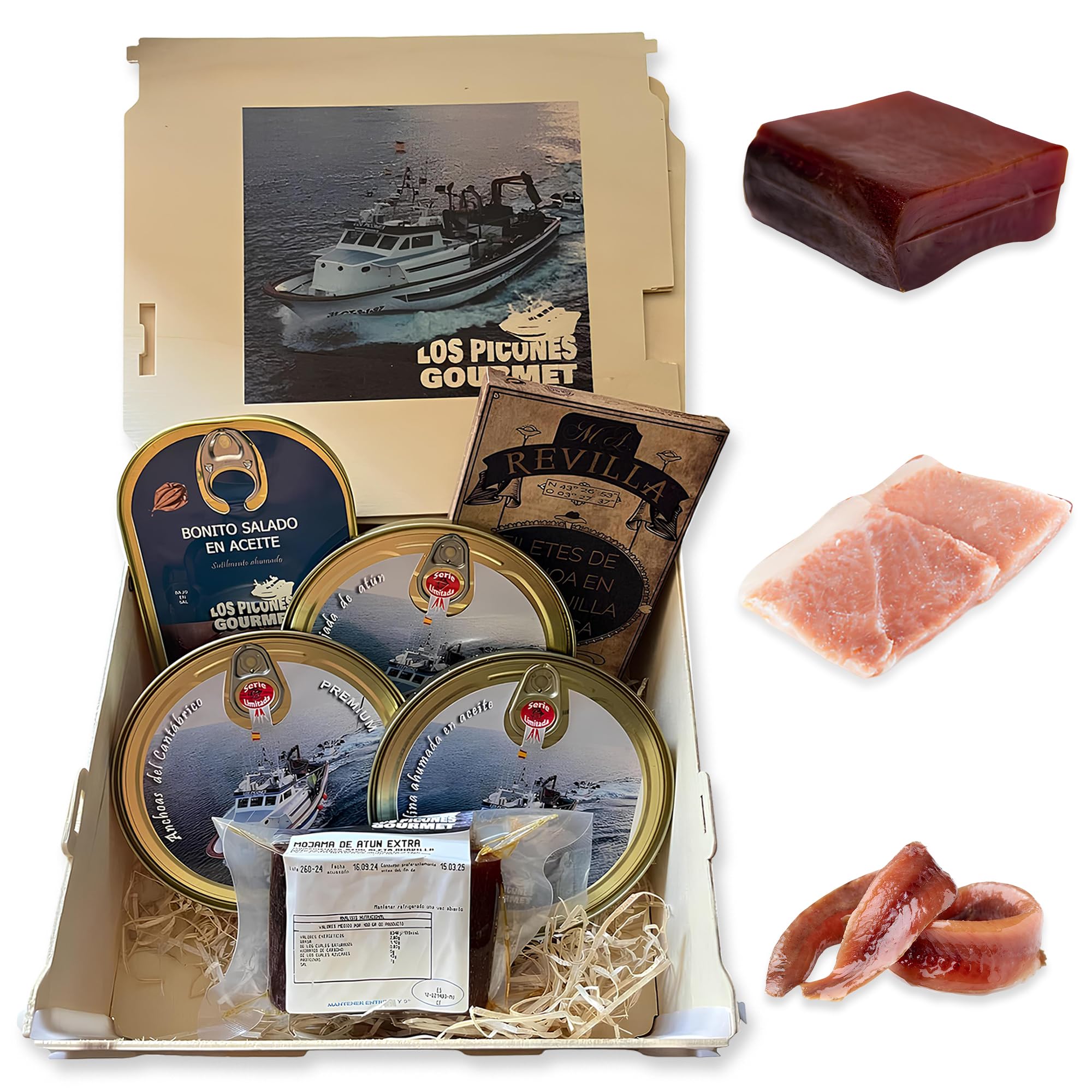 Los Picones Gourmet® Lote Regalo Navidad I Ijada de Atún I Bonito del Norte SaladoI I Anchoas de Santoña I Sardinas Ahumadas en Aceite I Hansa Anchoas en Mantequilla Ecológica I Mojama de Atún Extra