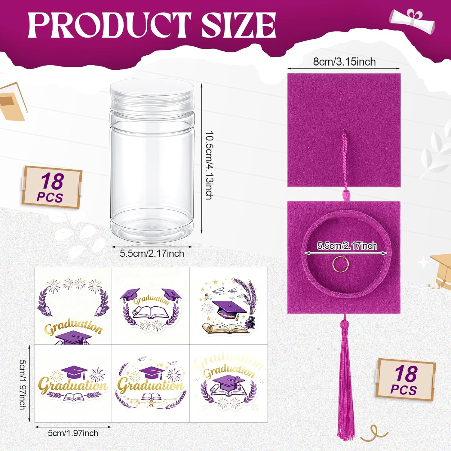 Arrowbash 18 Set Graduation Candy Jar Bulk Class of 2026 Graduation Party Favors Grad Gift 6.8oz Candy Containers Boxes with Cap Sticker for Guests School Party(Purple,Elegant Style) thumbnail