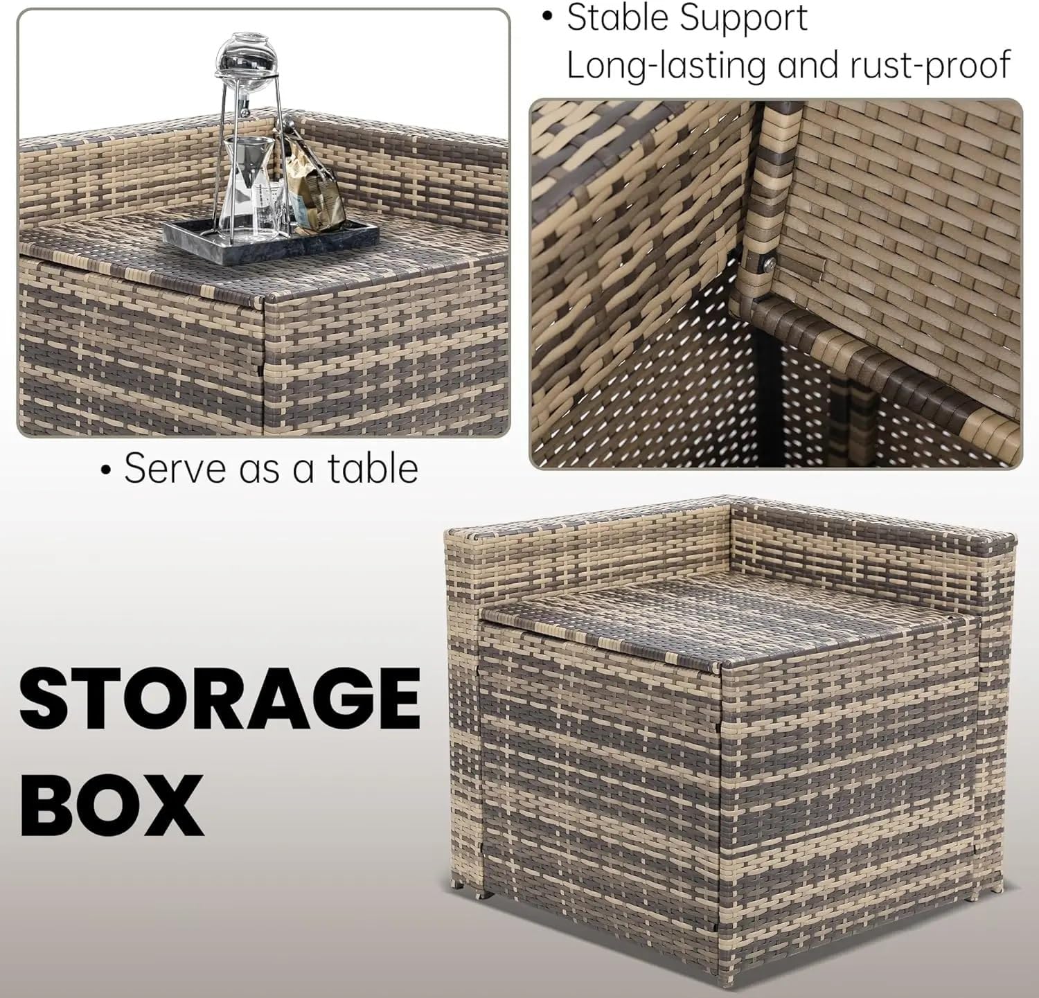 8 Pieces Outdoor Wicker Rattan Patio Furniture Sectional Set, All-Weather Wicker Patio Conversation Sets Glass Top Table with Hidden Storage for Porch Garden Backyard Balcony