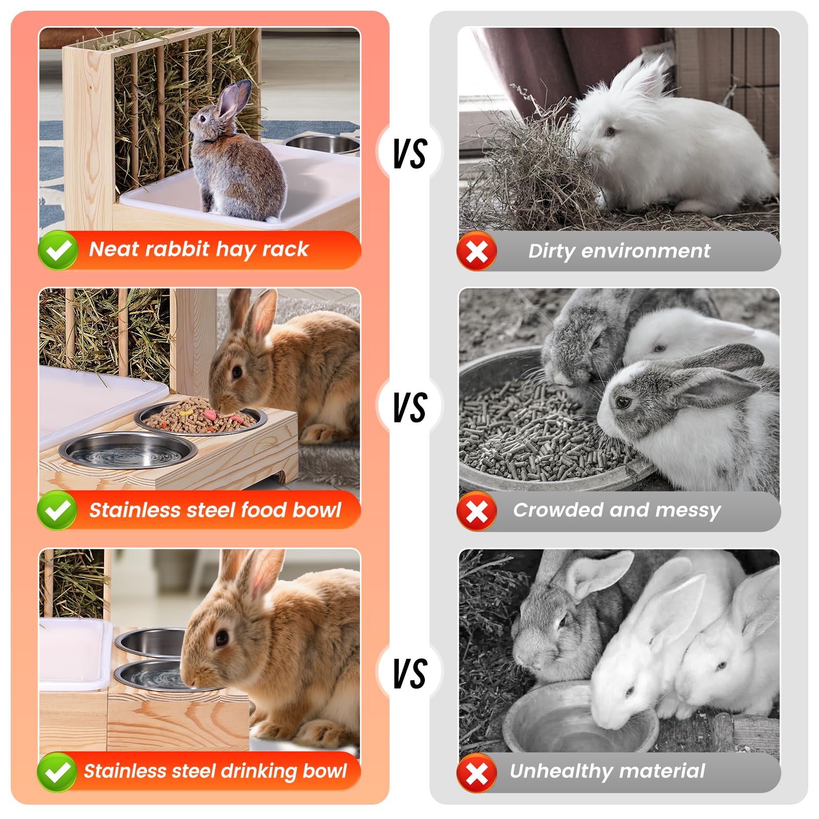 Râtelier à foin 3 en 1 pour lapin, râtelier à foin en bois avec deux bols, distributeur de nourriture pour lapins et cochons d'Inde, chinchillas et autres petits animaux