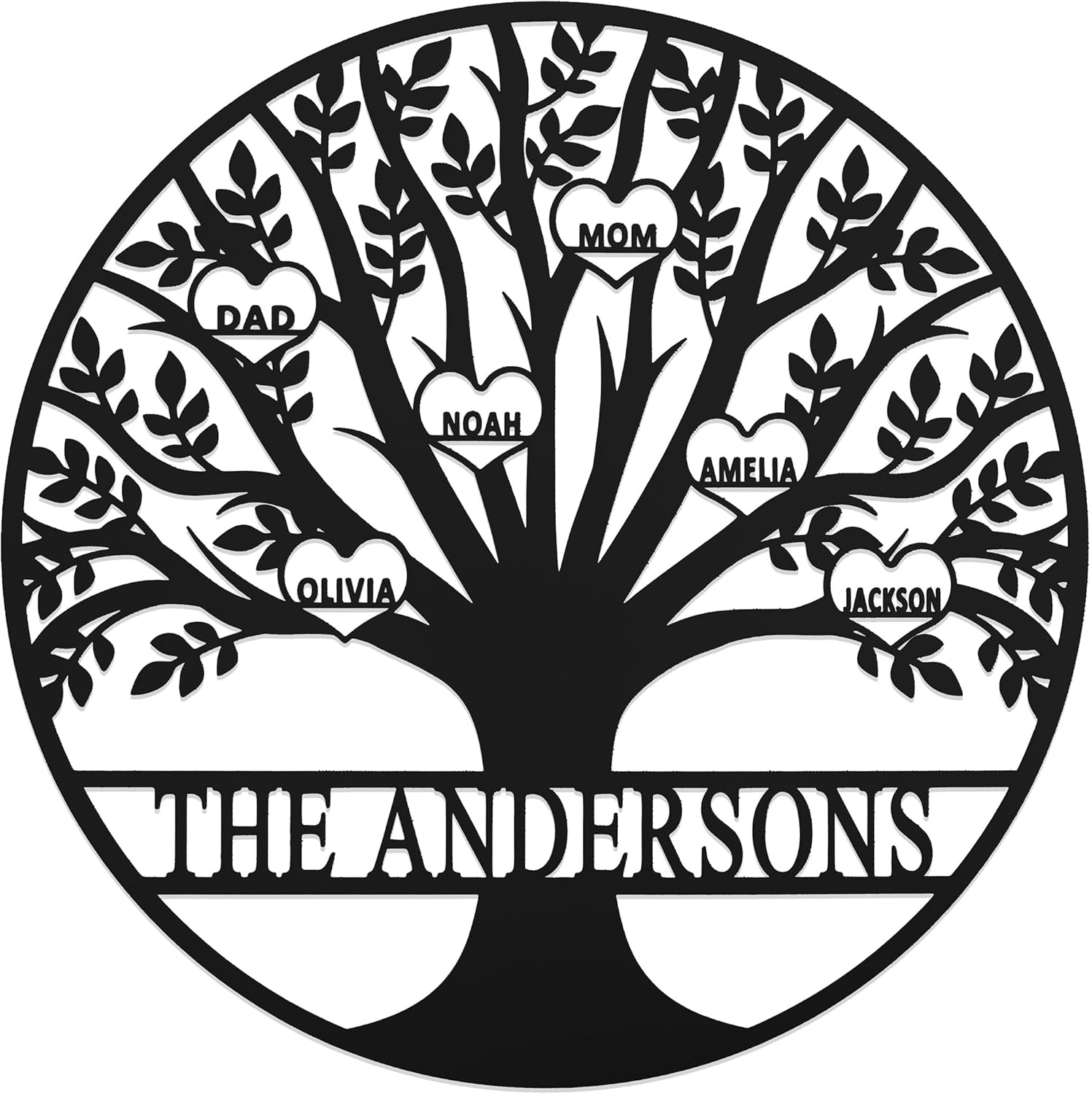 Tree of Life Personalized Family Tree Metal Sign with Hearts – Custom Name & Date – Large Laser Cut Steel Wall Art for Anniversary, Wedding, Parents, Grandparents, Home Decor (15 inch)