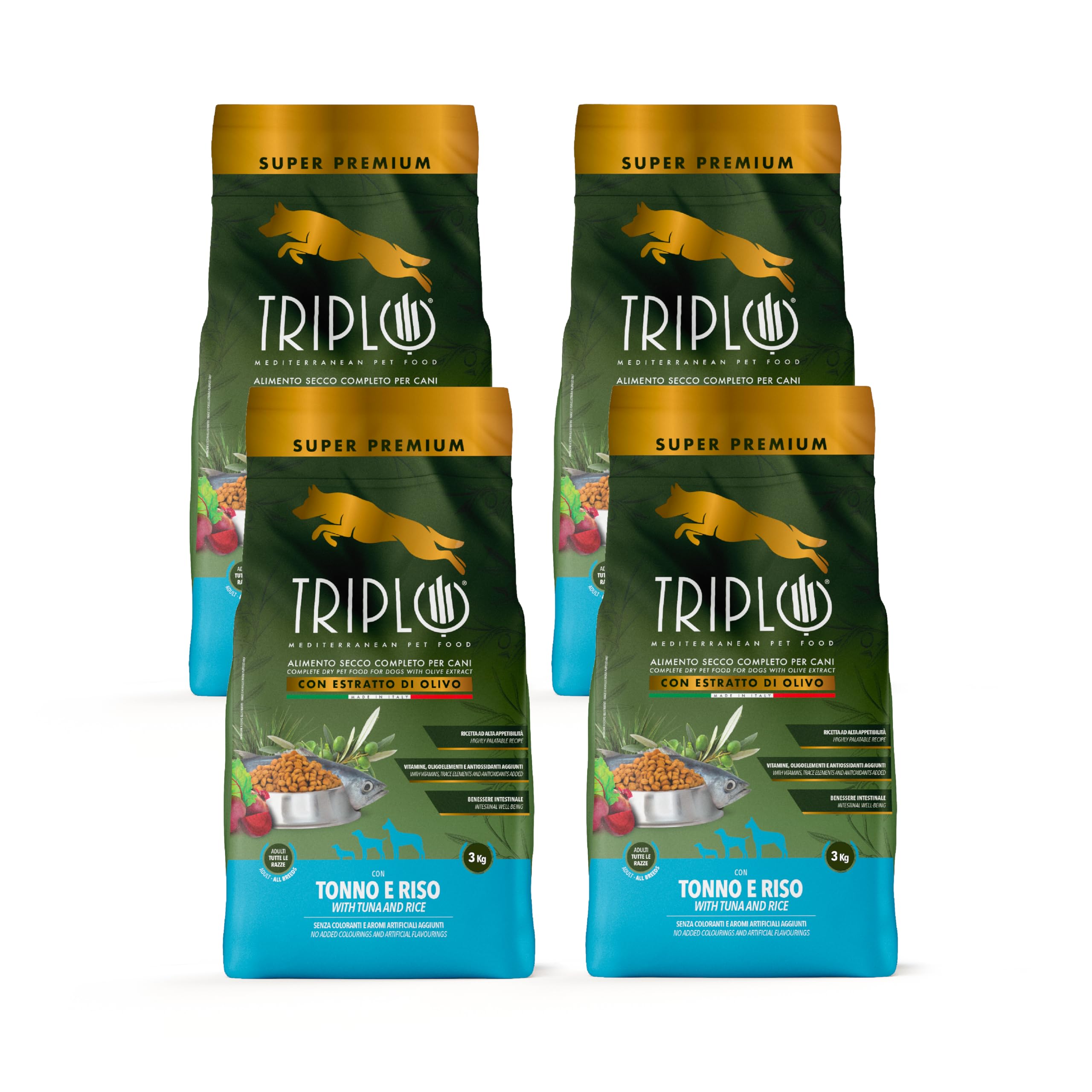 TerComposti - Triplo Pet Food Tonno e Riso 3kg x4, Ideale per Adulti di Tutte le Razze, Pelo Lucido e Folto, Crocchette Cani con Estratto di Olivo, Cibo per Cani Secco Nutriente e Bilanciato