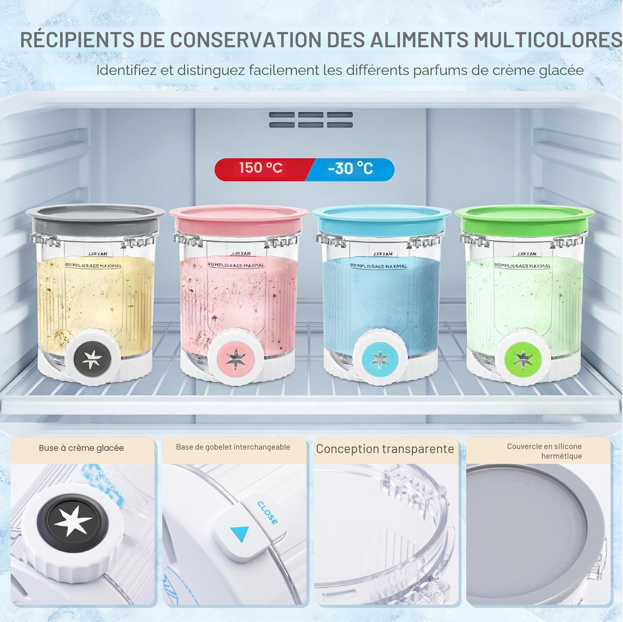 4 Pots à Glace Compatibles Ninja Creami NC700 NC701, 480 ml | Couvercles hermétiques anti-fuite, sans BPA et lave-vaisselle, idéal pour glace maison et préparation à l'avance