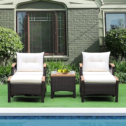 Miniatura 4 de HAPPYGRILL Juego de muebles de patio de 5 piezas para exteriores, silla de mimbre de polietileno y otomana con cojines y mesa auxiliar con mesa de