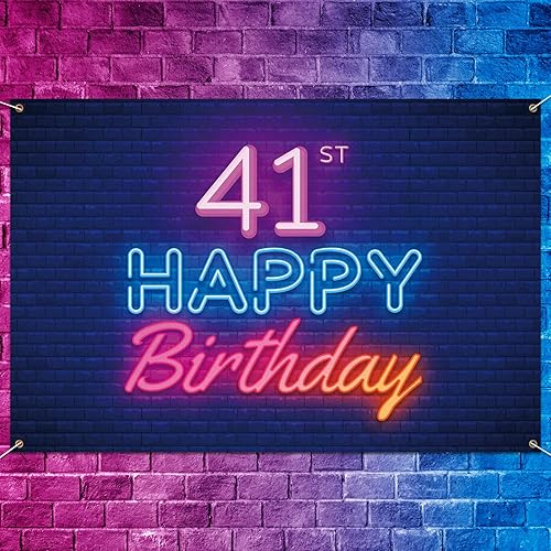 Cartel de fondo de neón brillante con texto en inglés «Happy 41st Birthday», decoración temática de fiesta de cumpleaños de 41 años para hombres y