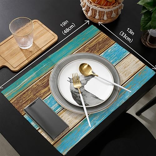 Miniatura 6 de PIEPLE Vintage Gradient Summer Teal Green Brown Farmhouse Wood Grain Placemats for Dinning Table Set of 6 Waterproof Cloth Table Mats Cotton Linen
