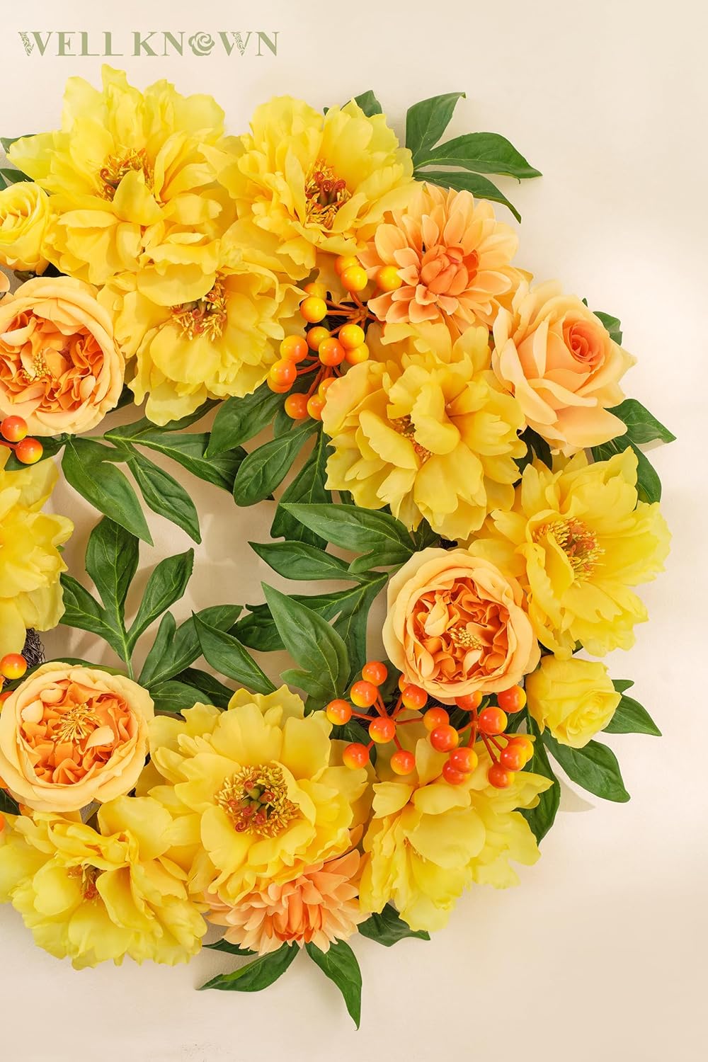 WELL KNOWN Flowering Wreaths for Front Door, Silk Peony Wreath for Front Door Porch & Indoor Wall Window, Fall Winter Wreath for Thanksgiving Farmhouse Party Veterans Day Home Decor (Yellow Orange)