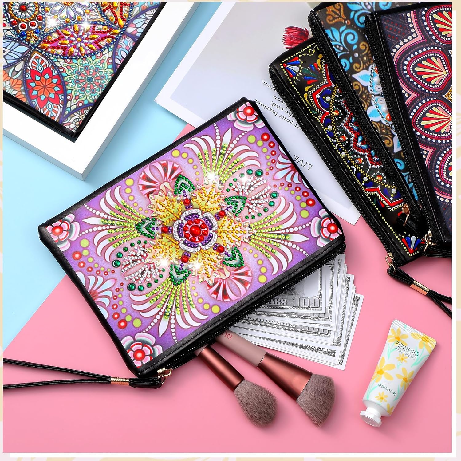 Silkfly 6 Pcs Diamond Painting Purses Clutch DIY Diamond Handbag PU Leather Painting Bags 5d Handmade Wristlet Wallet with Strap and Zipper for Women Gift(Mandala Style)