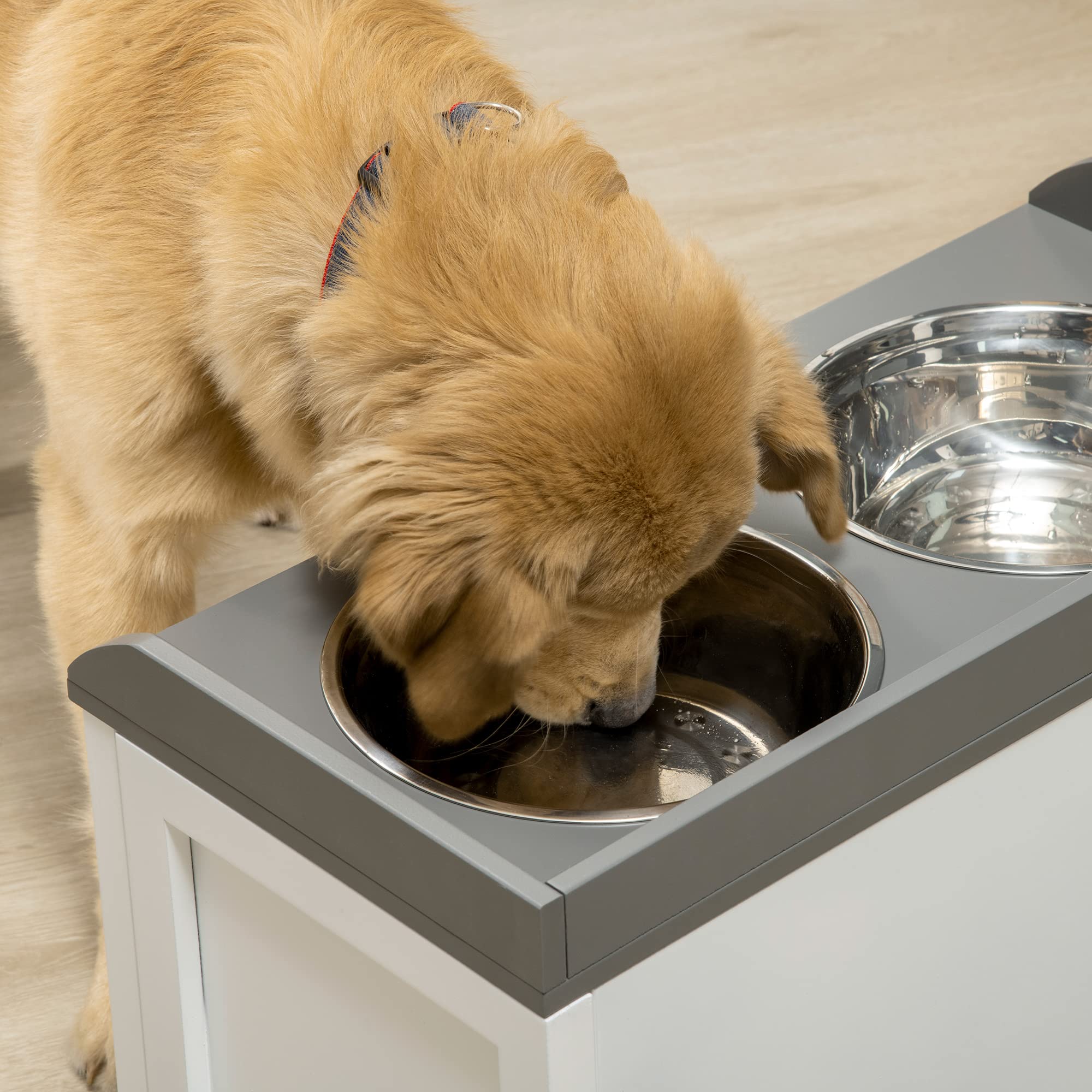 PawHut Ciotole per Cani Rialzate in Acciaio Inox, Portaciotole per Cani in Legno con Cassetto Portaoggetti per Cane Grande, 60x30x36 cm, Bianco
