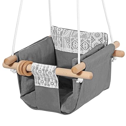 Mlian Secure Canvas and Wooden Baby Hanging Swing Seat Chair Indoor and Outdoor Hammock Backyard Outside Swing Kids Toys Swings 6-36 Months with Lace Decor(Gray)
