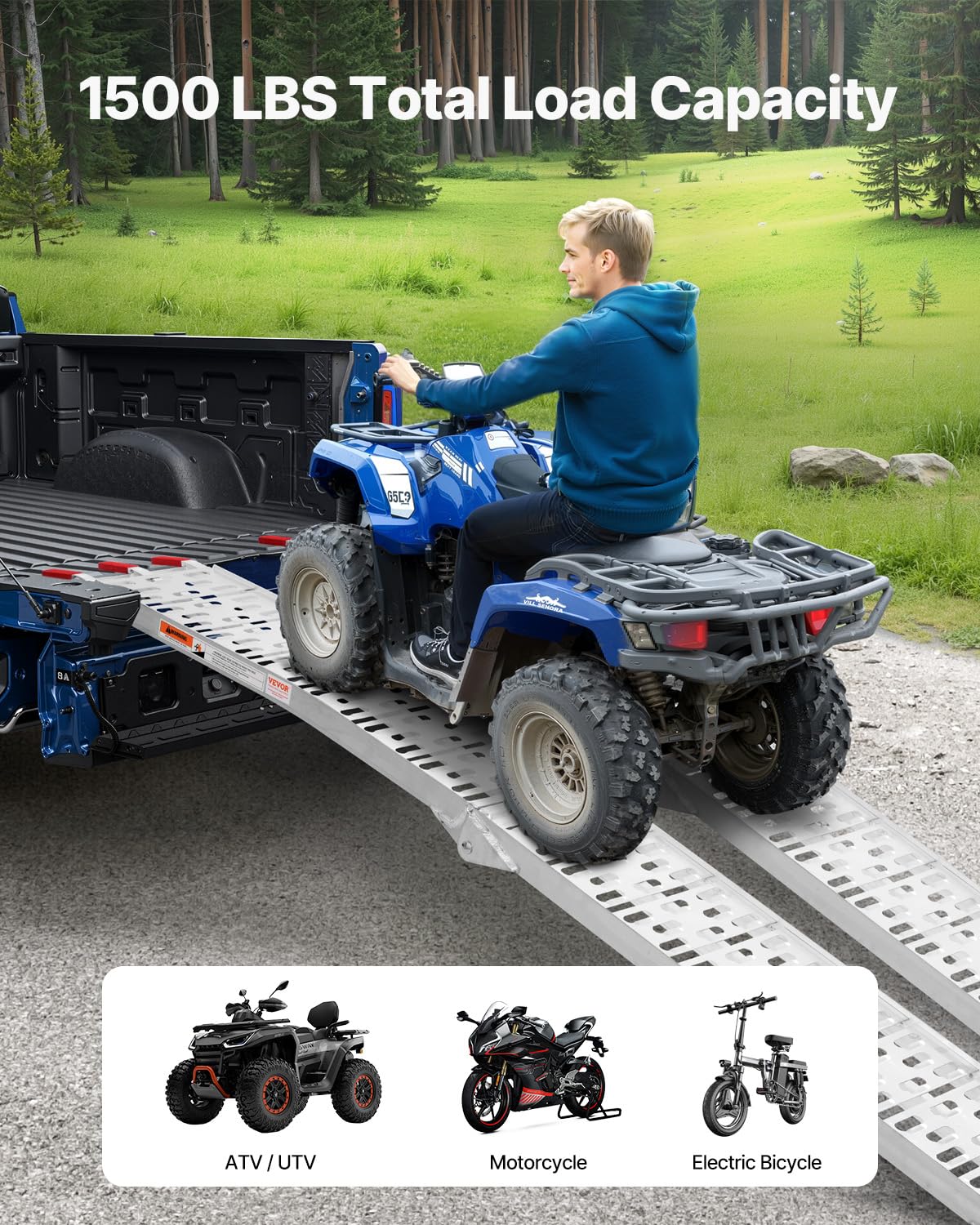 VEVOR 680 kg, 2 Stück, robuste, breitere Oberfläche, universelle stabile Laderampe mit Griffen, passend für ATV, UTV, Motorrad, Elektrofahrrad usw., Silber, 2285 x 305 x 50 mm