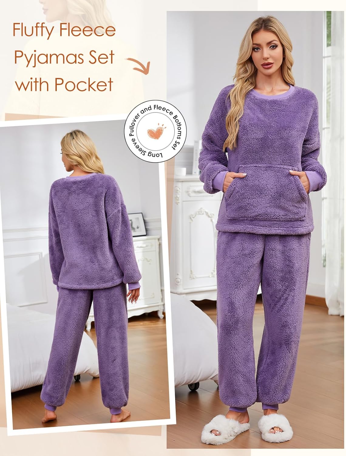 Wiepux Women's Fleece Pajama Set 2 Piece Long Sleeve Lounge Sets Winter Fuzzy Pj Loungewear Outfits Fluffy Sleepwear - Image 2