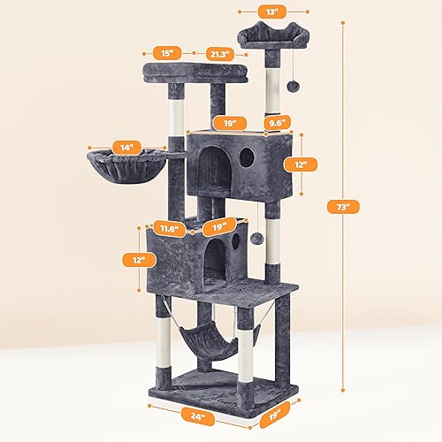 Miniatura 6 de Yaheetech Árbol para gatos de 73 pulgadas, muebles de soporte para gatos con postes rascadores, hamaca como centro de actividades para gatitos de