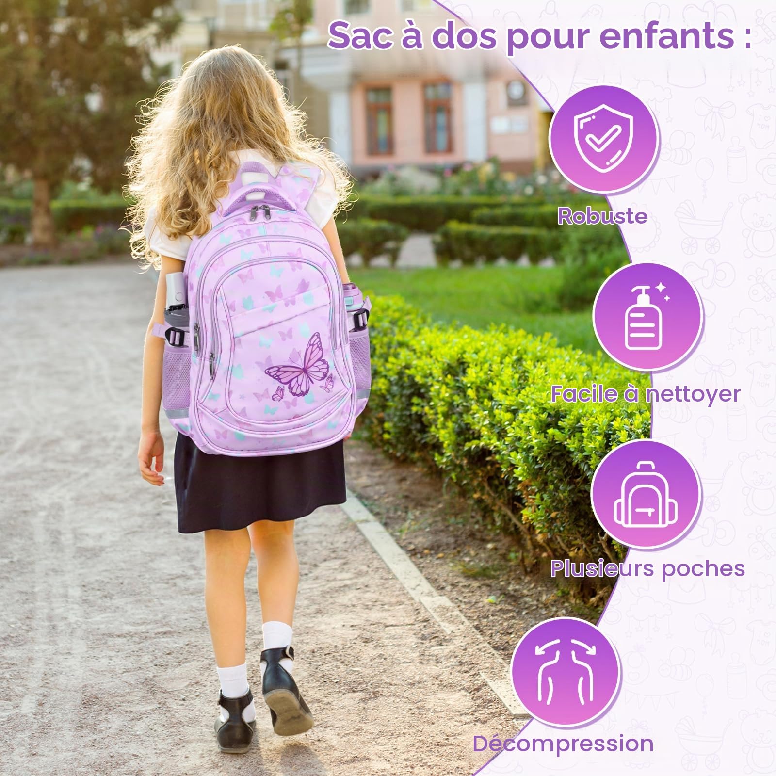 decalsweet Sac a dos Enfant, Grande Cartable Fille Primaire College Violet